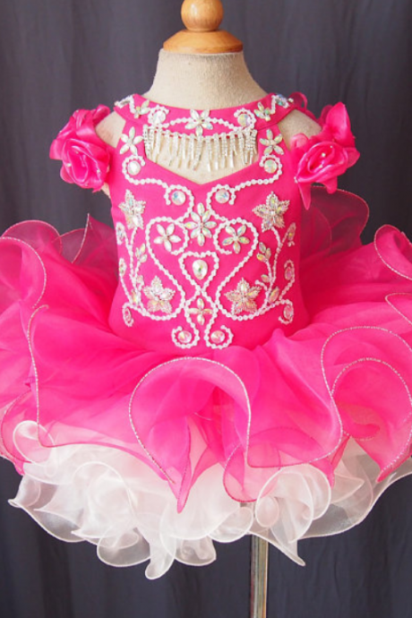 2016 Fuchsia Lovely Little Girls Cupcake Pageant Dresses Ball Gown Flower Girl Dresses With Crystals Flowers And Ruffles
