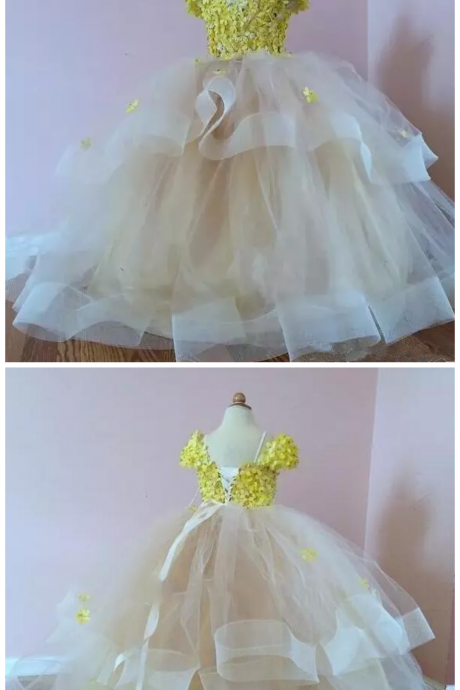 Flower Girls Dresses For Weddings With Cap Sleeves Handmade Flowers Little Girl Pageant Dress Tulle Organza Long Kids Party Dress