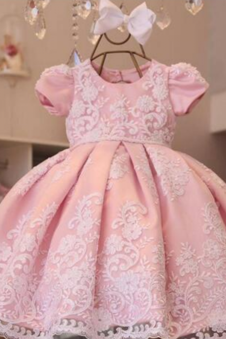 Lace Ball Gown Flower Girl Dresses For Weddings Appliques Little Girls Pageant Dress Short Sleeves Pearls First Communion Gowns