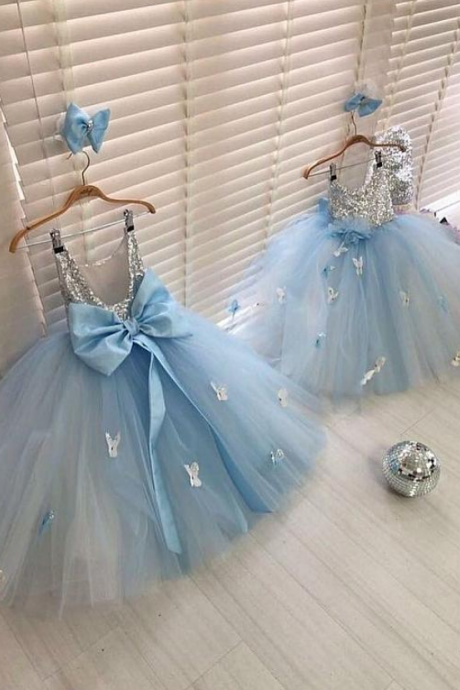 Pretty Sequin Lace Tulle Scoop Neckline Ball Gown Flower Girl Dresses With Beaded Fringed Bowknot,sequins Long Girls Pageant Dress,f2365