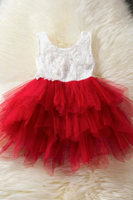 Baby Girl Tulle Dress Princess Cake Tutu Layered Sleeveless Lace Wedding Party Flower Girl Dress Red