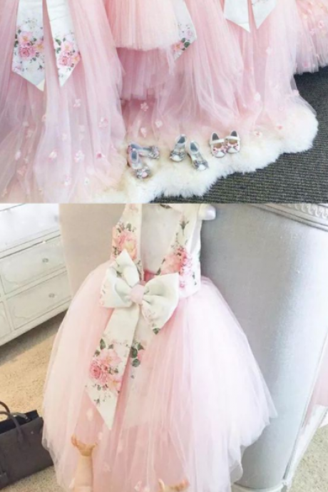 High Low Jewel Backless Pink Tulle Flower Girl Dress with Appliques Bowknot,FG1192