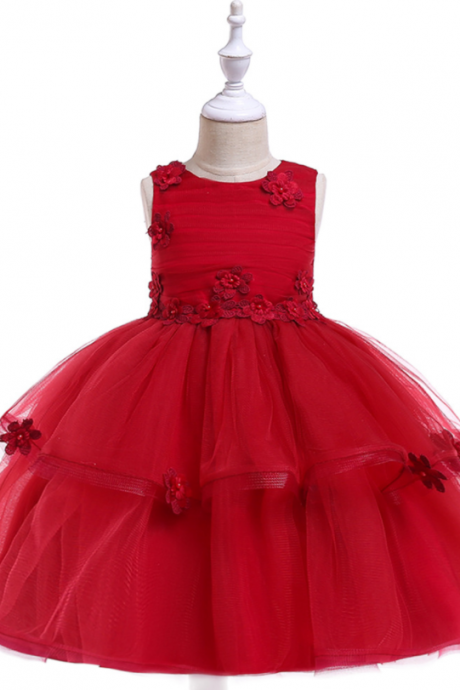 Lace Flower Girl Dress Sleeveless Wedding Formal Birthday Party Tutu Gown Children Clothes Crimson