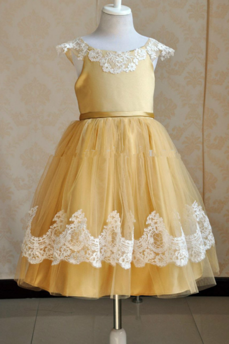 Cap Sleeves Gold Flower Girl Dress With Ivory Lace Trim