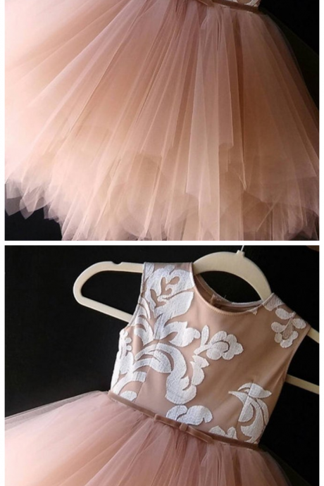 Cute Princess Champagne Tulle A-line Applique Girls Dress With Straps