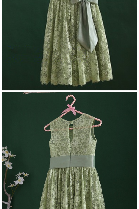 Green Lace Top Short Length Sleeveless Flower Girl Dress Kids Dress