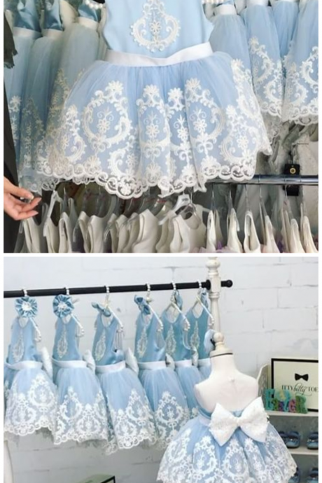 New White Lace Appliques Sky Blue Long Flower Girl Dresses Ball Gown Girl Communion Dress Girls Pageant Dress Kids Prom Party Dress