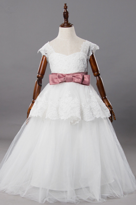 Princess Ball Gown White Lace Flower Girls Dresses For Weddings 2016 Tulle Belt Bow Knot Custom First Communion Dress Gown