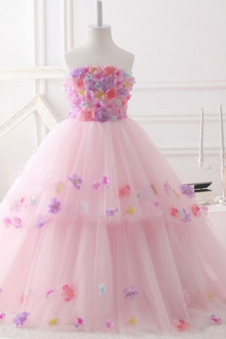 New Arrival Blush Pink Sweetheart Neck Sleeveless Pleated Flowers Ball Gown Little Flower Girl Dresses