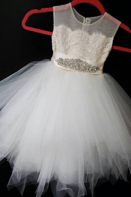 Cute Ivory Organza A-line Sequins Short Girls Dress With Straps