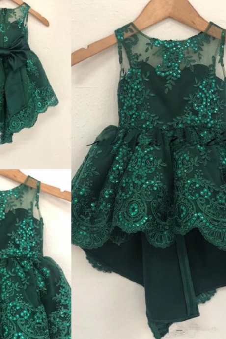 2019 Vintage Flower Girl Dresses For Wedding Hi-Lo Emeral Green Big Bow Middle East Dubai Princess Kids First Communion Gowns Birthday