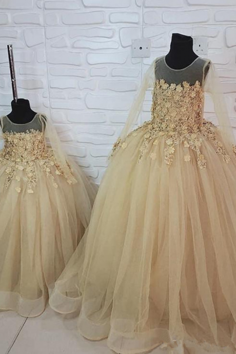 2020 Modern Gold Lace Beaded Flower Girl Dresses For Wedding Long Sleeves Sheer Necklittle Girl Vintage Communion Pageant Dresses Gowns