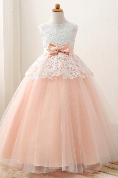 Pink And White Lace Tulle Flower Girl Dress With Bow Belt