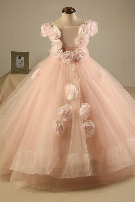 Lovley Princess Flower Girls Dresses With Flowers Long Pageant Dress Kids Party Dress Ball Gowns Pink Custom St147 (1)