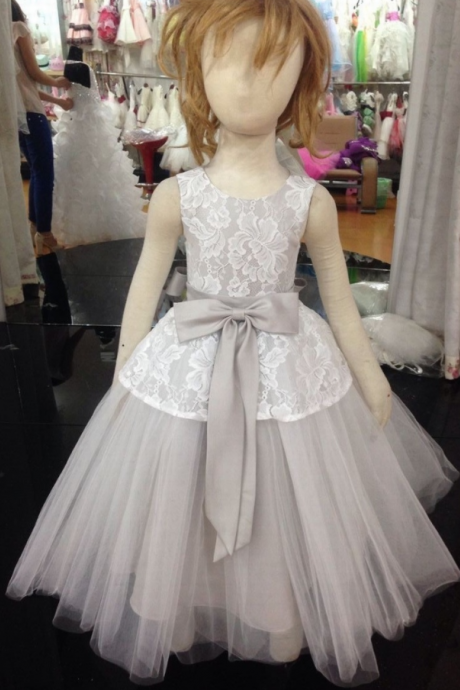 Flower Girl Dresses Children Birthday Dress Tulle Gray Lace Wedding Party Dresses Ww57