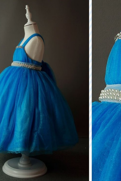 Blue Tea Length Flower Girl Dresses Children Birthday Dress Tulle Kids Wedding Party Dresses 1025-35