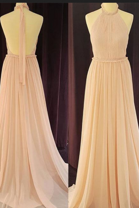 Backless Halter Chiffon Evening Dress, Sexy Pleated Long Prom Dresses