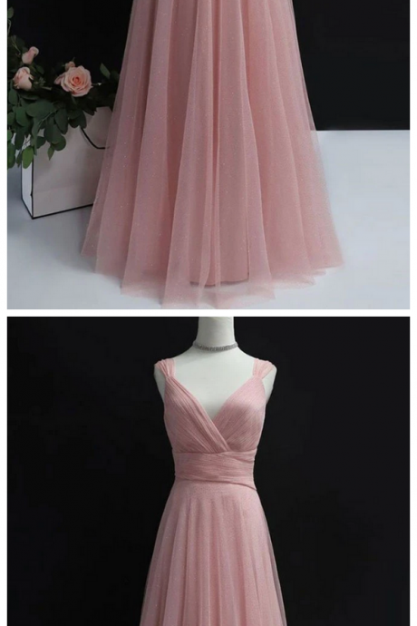 Simple Pink Tulle Long Prom Dress Pink Tulle Evening Dress