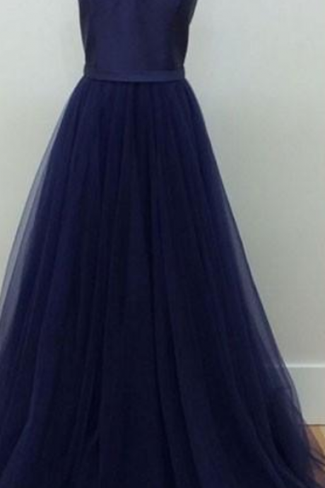 Navy Blue V-neck Prom Dress, Floor-length Tulle Prom Dress With Pockets,formal Dress ,prom Party Dress