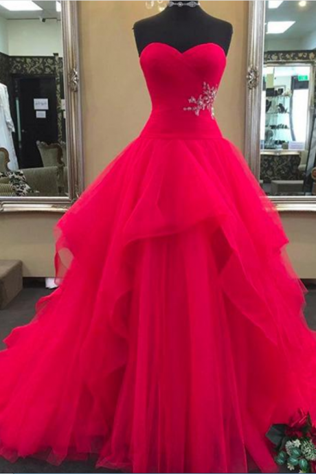 Red Sweetheart Neck Tulle Long Prom Dress, Red Evening Dress