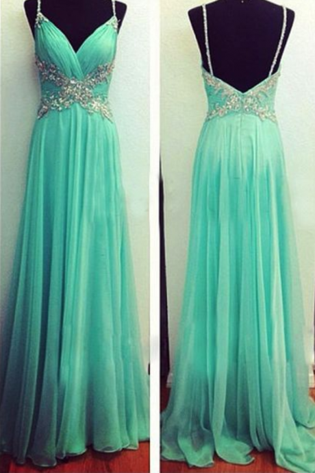 Chiffon Ruched Plunge V Spaghetti Straps Floor Length A-line Prom Dress Featuring Beaded Embellishments And Open Back