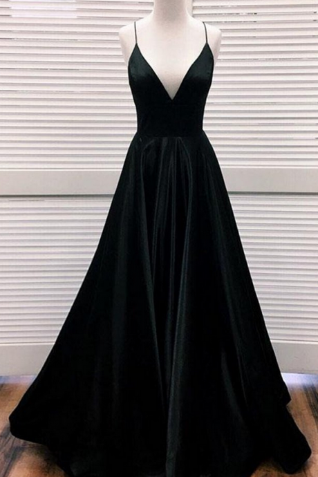 Simple A Line V Neck Black Satin Long Prom Dresses, Black Formal Dresses, Evening Dresses,