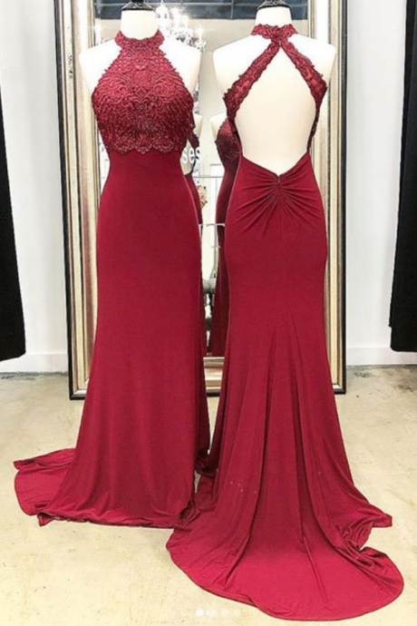 Burgundy Lace Long Prom Dress, Mermaid Evening Dresss,