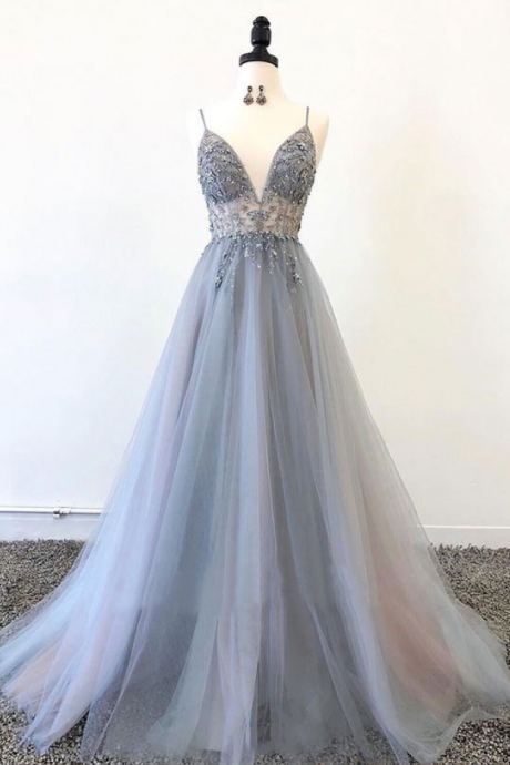 Gray V Neck Tulle Beads Long Prom Dress, Evening Dress