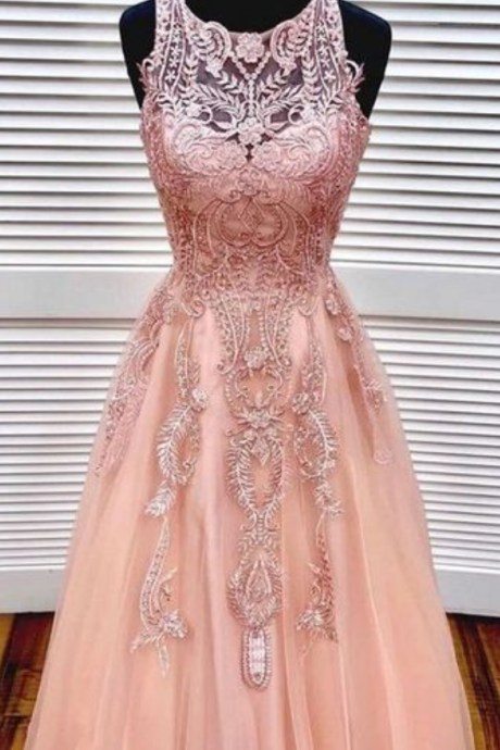 Unique Pink Round Neck Tulle Lace Long Prom Dress, Pink Tulle Prom Dress,
