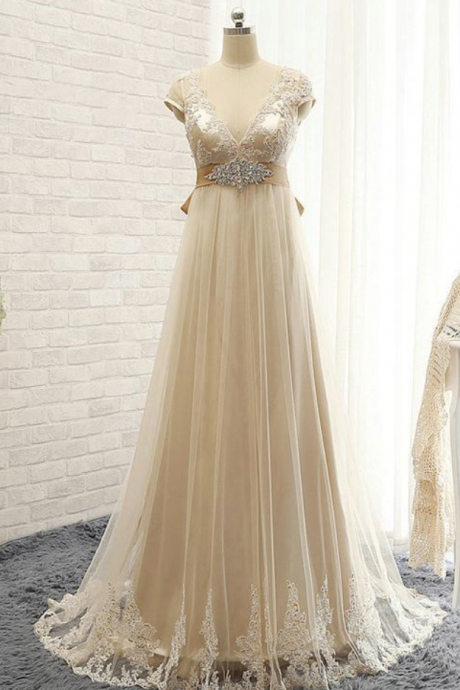 Champagne Bridesmaid Dresses Lace, Yellow Bridesmaid Dresses Long, Empire Bridesmaid Dresses V-neck,