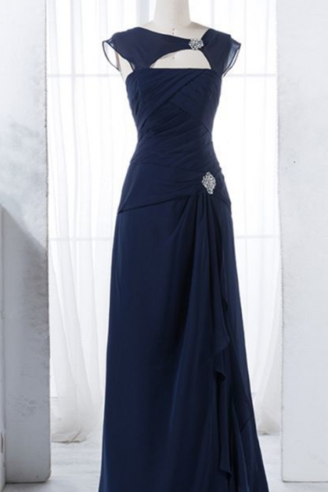 Elegant Dark Blue Ruched Bridesmaid Dress With Beading, Bodycon A-line Dark Blue Wedding Party Dress With Keyhole,