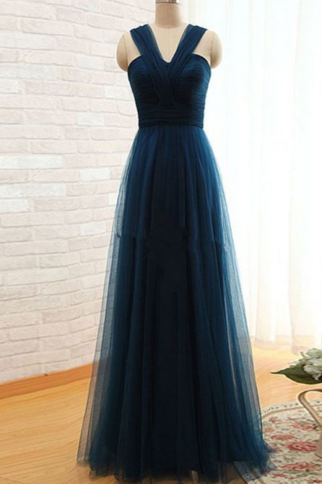 Simple A Line Straps Pleated Long Women Dark Green Tulle Prom/bridesmaid Dresses,
