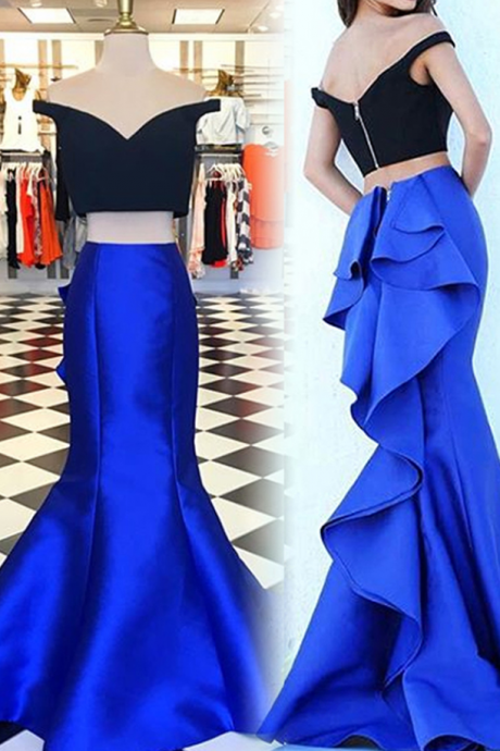 Two Piece Off The Shoulder Short Sleeves Tiered Royal Blue Mermaid Prom Dress,