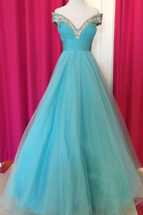 Fabulous Off Shoulder Floor Length Blue Ruched Prom Dress With Beading,