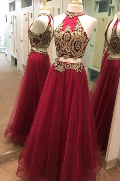 Gorgeous Two Piece Prom Dresses A Line High Neck Sexy Gold Applique Long Burgundy Prom Dress