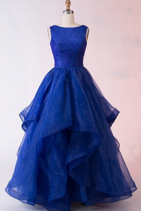 Royal Blue Organza Layered Long Open Back Sequins Prom Gown, Charming Evening Dress,