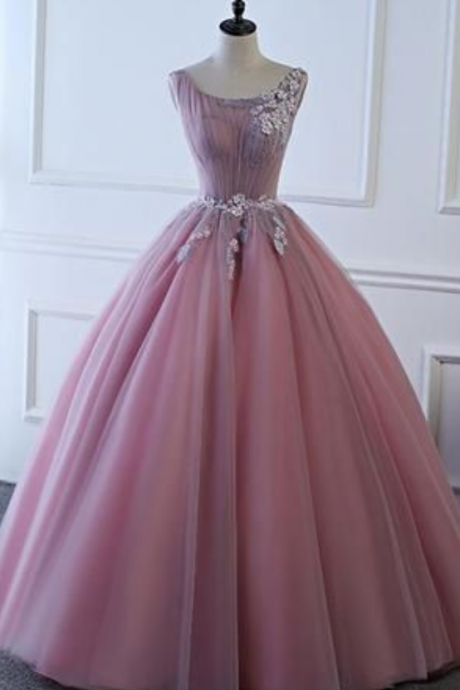 Elegant Pink Round Neck Tulle Long Prom Dress, Charming Custom Made Evening Dresses,
