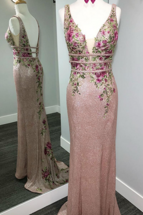 Backless Pink Backless V-neck Sexy Prom Dresses