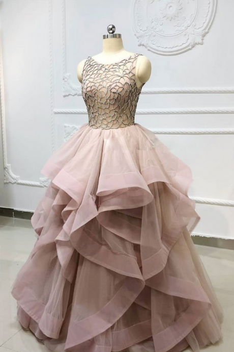 Unique Round Neck Beads Tulle Long Prom Dress, Evening Dress,