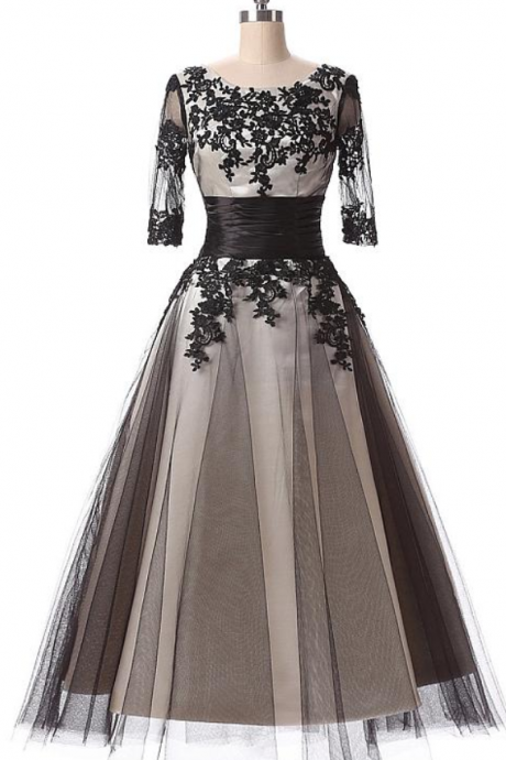 Elegant Tulle Scoop Neckline A-line Tea-length Prom Dresses With Lace Appliques