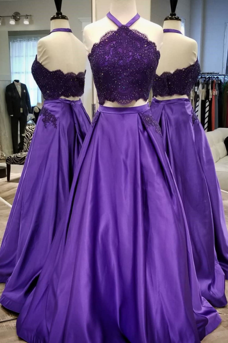 Gorgeous Purple Prom Dresses,two Piece Applique Prom Dress,halter Long Evening Gowns With Pockets