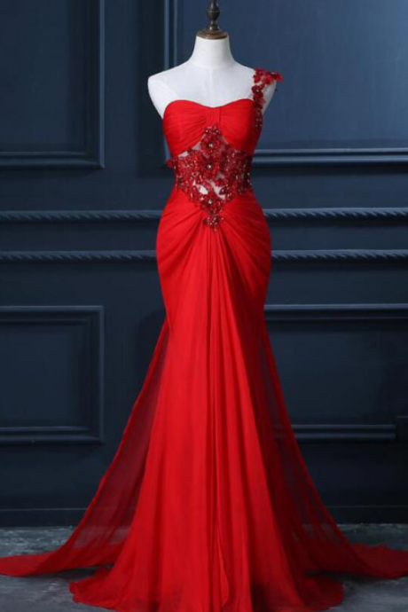 One Shoulder Prom Dress With Beaded Flowers, Unique Red Prom Gowns, Mermaid Chiffon Prom Dress