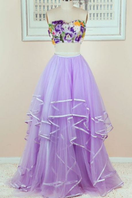 Chic A-line Two Pieces Sweetheart Prom Dress Floor Length Floral Lilac Prom Dress Evening Dresses