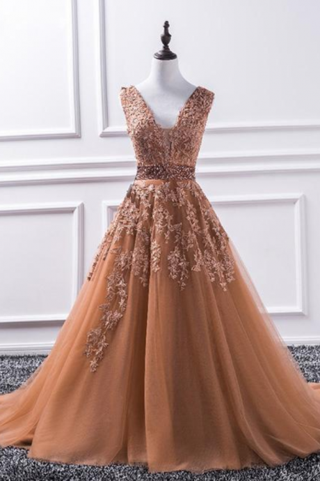 Lace Appliques Plunge V Sleeveless Floor Length Tulle Formal Dress, Prom Dress