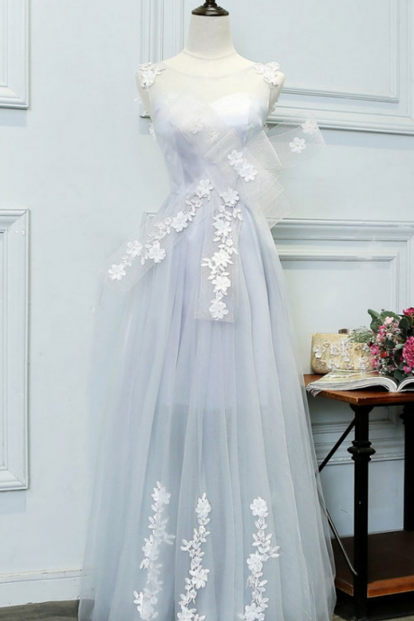 Unique Gray Tulle Lace Applique Long Prom Dress, Evening Dress,
