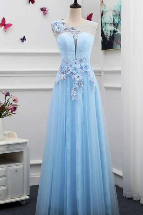Fashion Prom Dresses,unique Light Blue Tulle Floor Length 3d Flower Halter Formal Prom Dresses