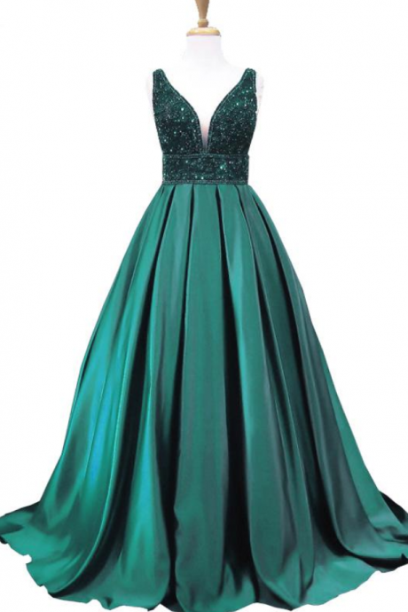 Spaghetti Straps Formal Dark Green Beaded Long Prom Dress,