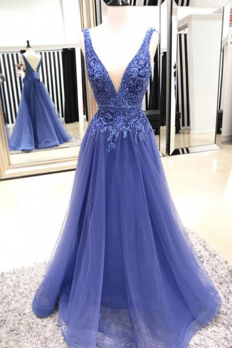 Sexy V Neck Tulle Prom Dress, A Line Appliques Prom Dresses , Long Evening Dress