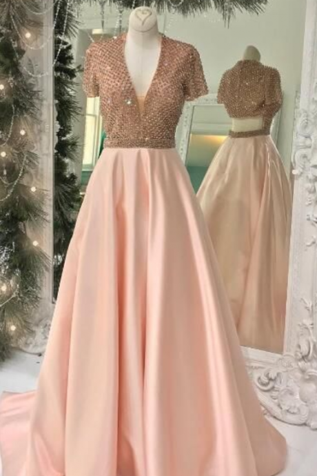 Charming Prom Dress, Sexy V Neck Beaded Prom Dresses With Short Sleeve, Long Evening Dress