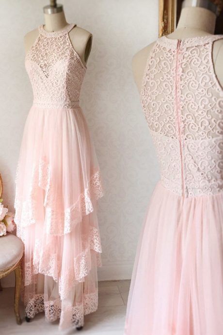 Pink Lace Strapless Long Tulle Homecoming Dress, Long Fashion Party Dresses